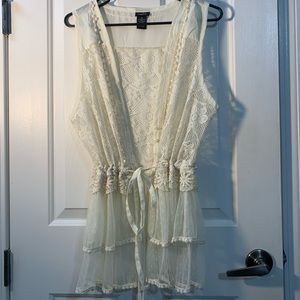 Off white tie waist top with lace trim